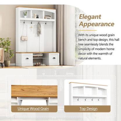 Farmhouse Hall Tree with Wood Grain Bench, Hooks and Bottom Cabinets