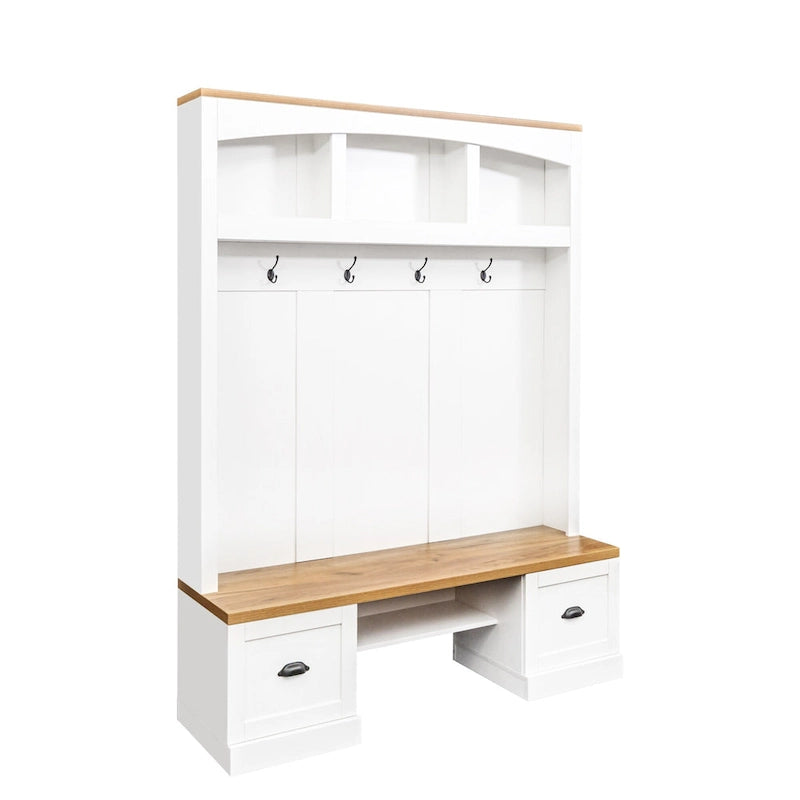 Farmhouse Hall Tree with Wood Grain Bench, Hooks and Bottom Cabinets