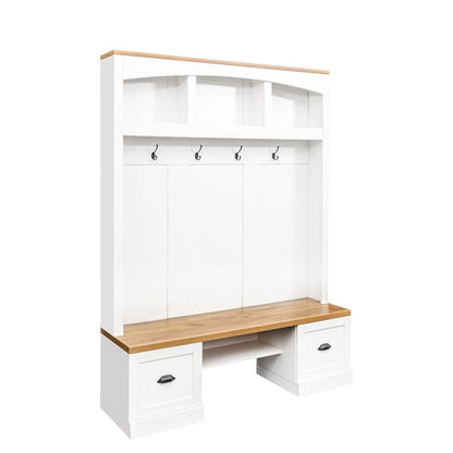 Farmhouse Hall Tree with Wood Grain Bench, Hooks and Bottom Cabinets