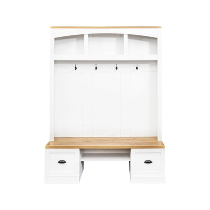 Farmhouse Hall Tree with Wood Grain Bench, Hooks and Bottom Cabinets