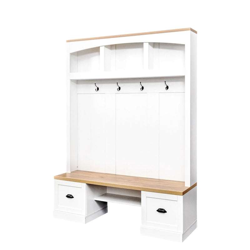 Farmhouse Hall Tree with Wood Grain Bench, Hooks and Bottom Cabinets
