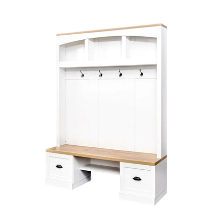 Farmhouse Hall Tree with Wood Grain Bench, Hooks and Bottom Cabinets