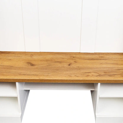 Farmhouse Hall Tree with Wood Grain Bench, Hooks and Bottom Cabinets