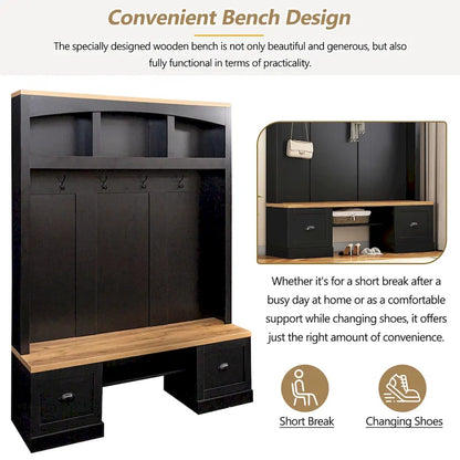 Farmhouse Hall Tree with Wood Grain Bench, Hooks and Bottom Cabinets