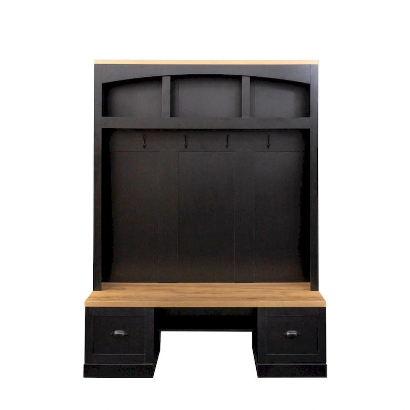 Farmhouse Hall Tree with Wood Grain Bench, Hooks and Bottom Cabinets