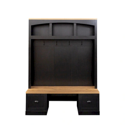 Farmhouse Hall Tree with Wood Grain Bench, Hooks and Bottom Cabinets