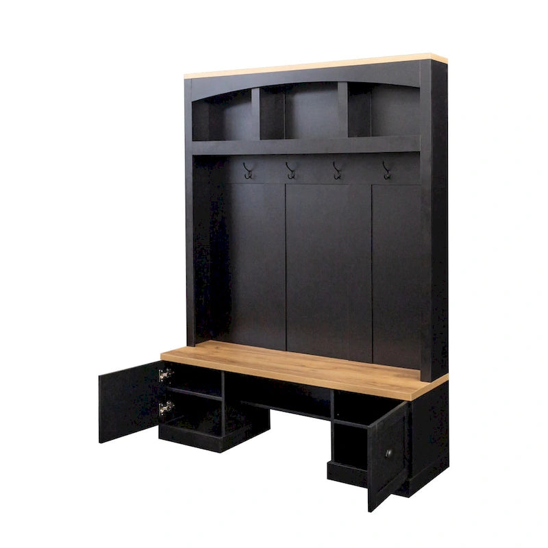 Farmhouse Hall Tree with Wood Grain Bench, Hooks and Bottom Cabinets
