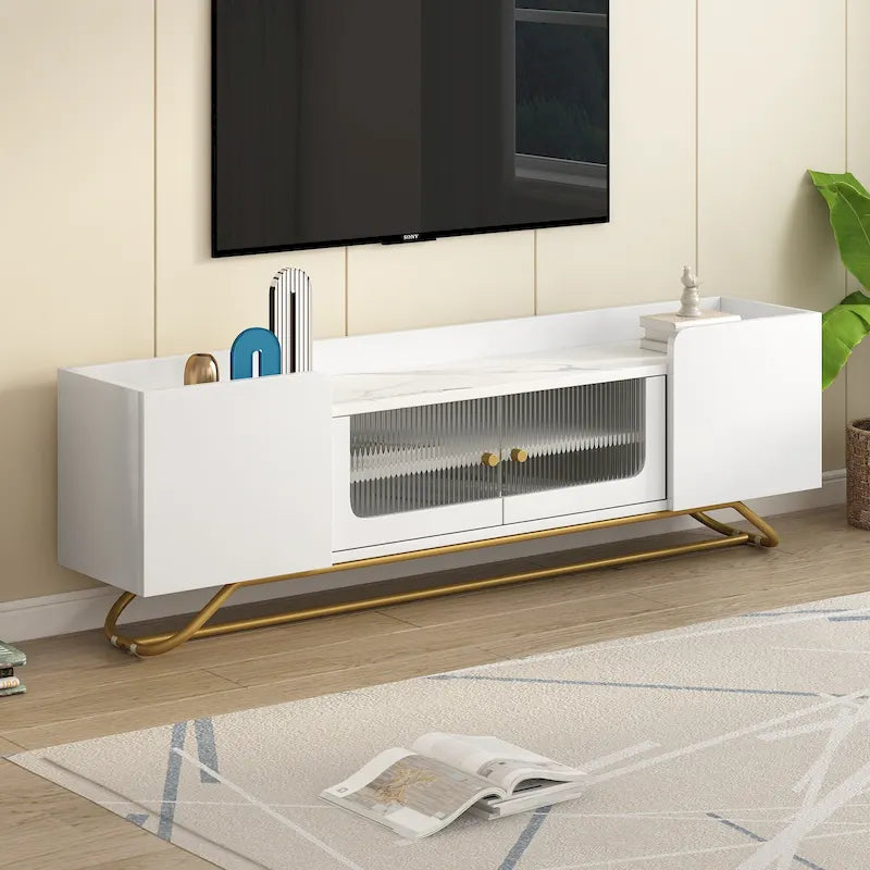 White Marble TV Stand with Gold Frame and Fluted Glass Doors - 63 Inch