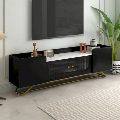White Marble TV Stand with Gold Frame and Fluted Glass Doors - 63 Inch