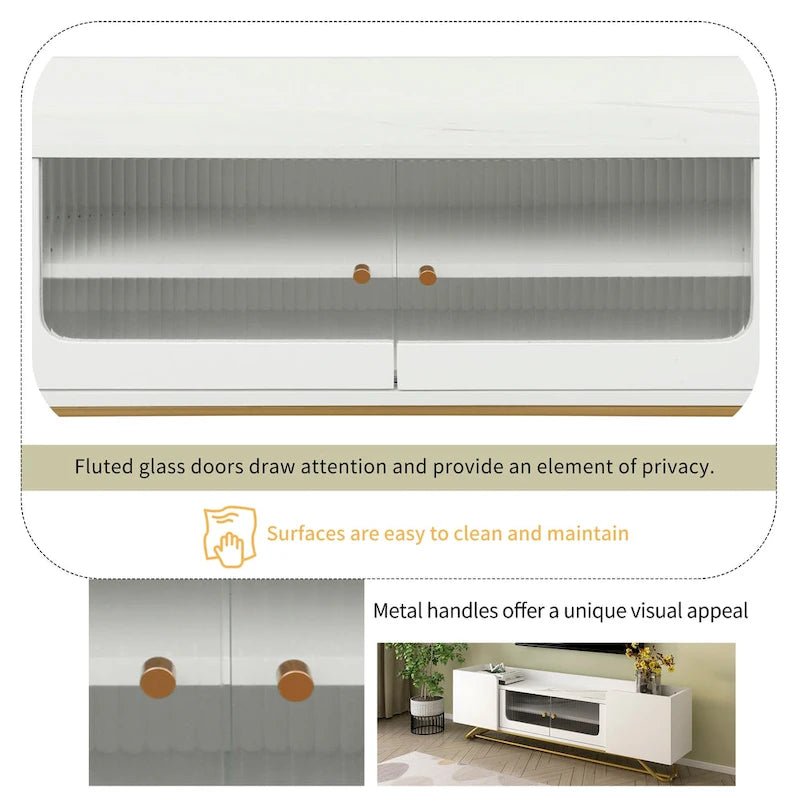 White Marble TV Stand with Gold Frame and Fluted Glass Doors - 63 Inch