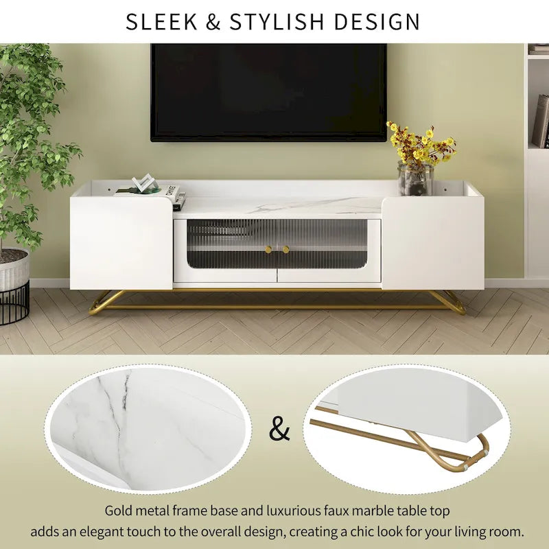 White Marble TV Stand with Gold Frame and Fluted Glass Doors - 63 Inch