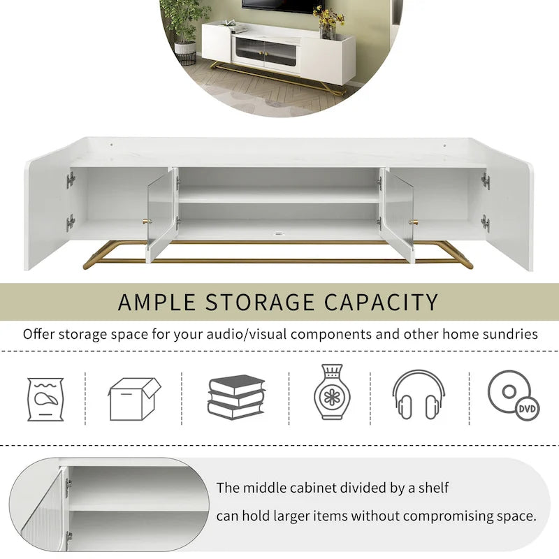 White Marble TV Stand with Gold Frame and Fluted Glass Doors - 63 Inch