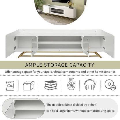 White Marble TV Stand with Gold Frame and Fluted Glass Doors - 63 Inch