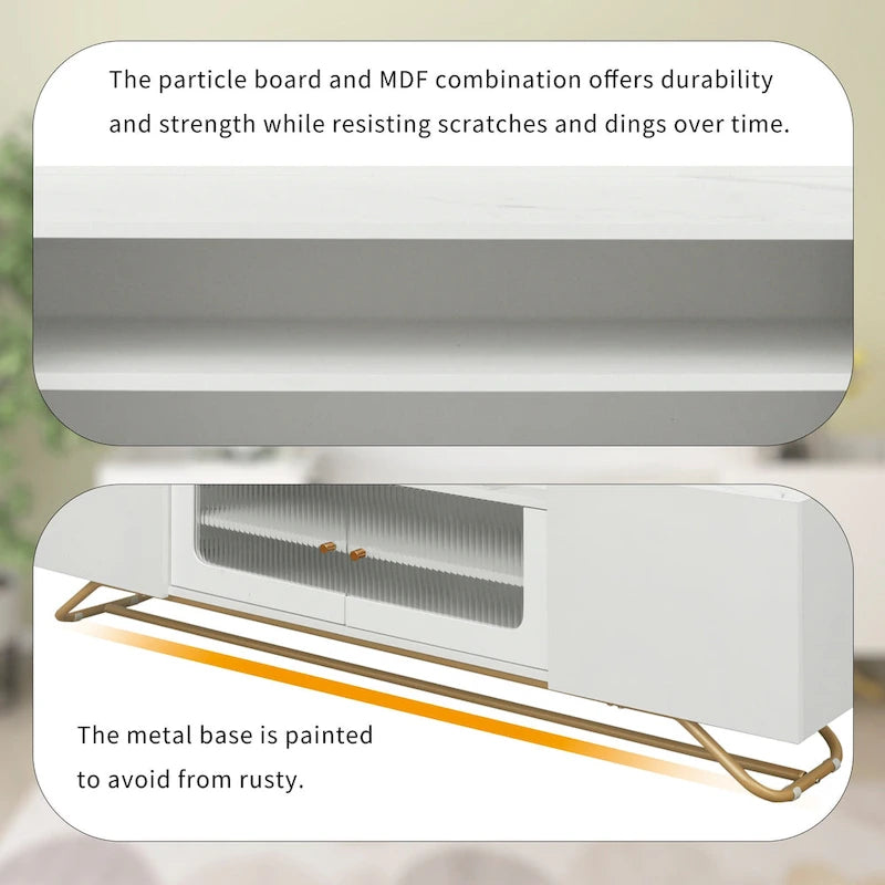 White Marble TV Stand with Gold Frame and Fluted Glass Doors - 63 Inch