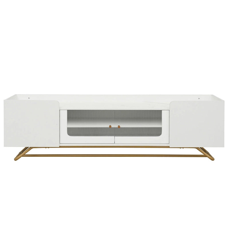 White Marble TV Stand with Gold Frame and Fluted Glass Doors - 63 Inch