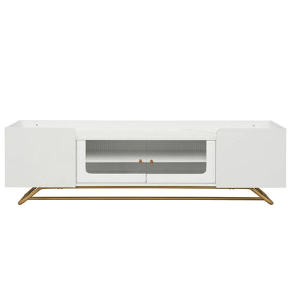 White Marble TV Stand with Gold Frame and Fluted Glass Doors - 63 Inch