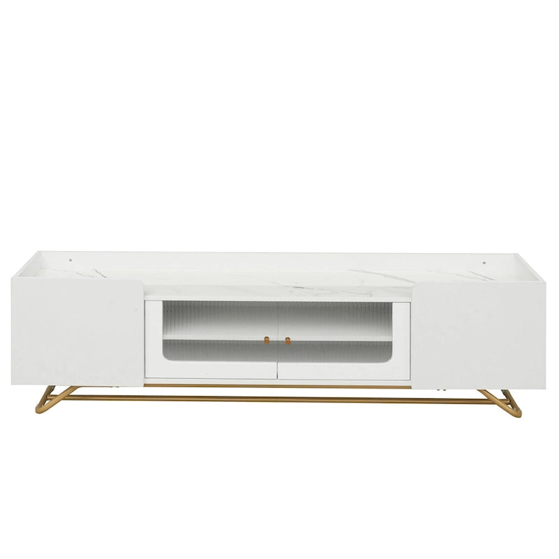 White Marble TV Stand with Gold Frame and Fluted Glass Doors - 63 Inch