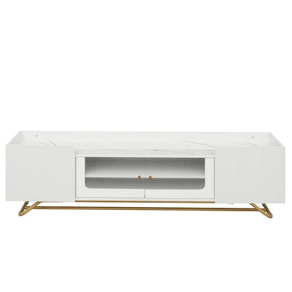 White Marble TV Stand with Gold Frame and Fluted Glass Doors - 63 Inch