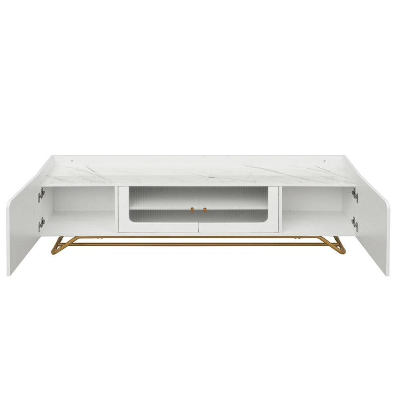 White Marble TV Stand with Gold Frame and Fluted Glass Doors - 63 Inch