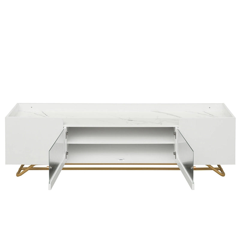 White Marble TV Stand with Gold Frame and Fluted Glass Doors - 63 Inch