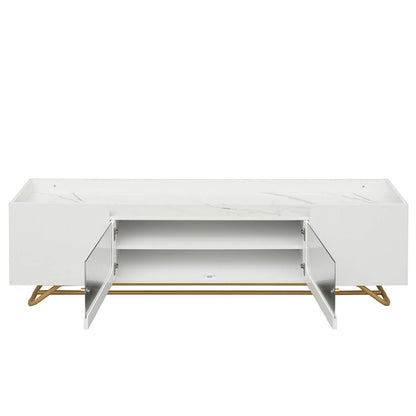 White Marble TV Stand with Gold Frame and Fluted Glass Doors - 63 Inch