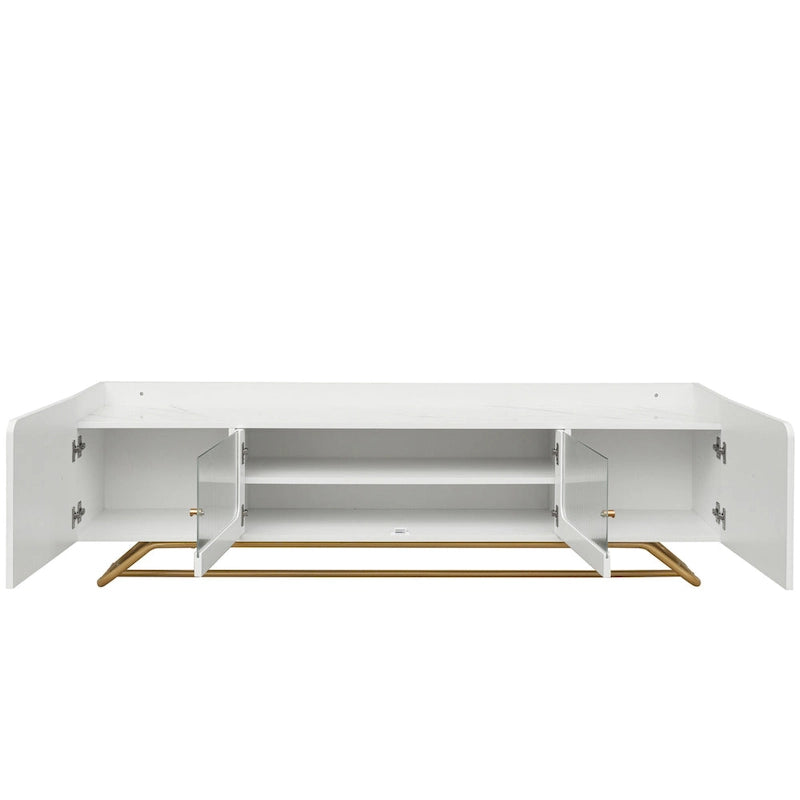 White Marble TV Stand with Gold Frame and Fluted Glass Doors - 63 Inch