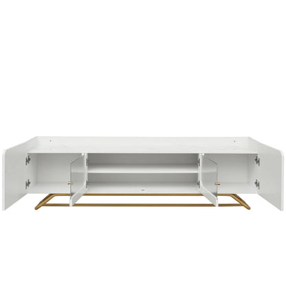 White Marble TV Stand with Gold Frame and Fluted Glass Doors - 63 Inch