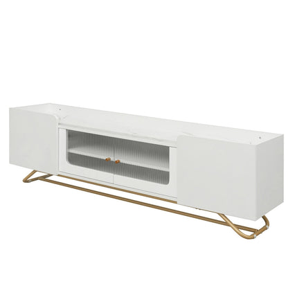 White Marble TV Stand with Gold Frame and Fluted Glass Doors - 63 Inch