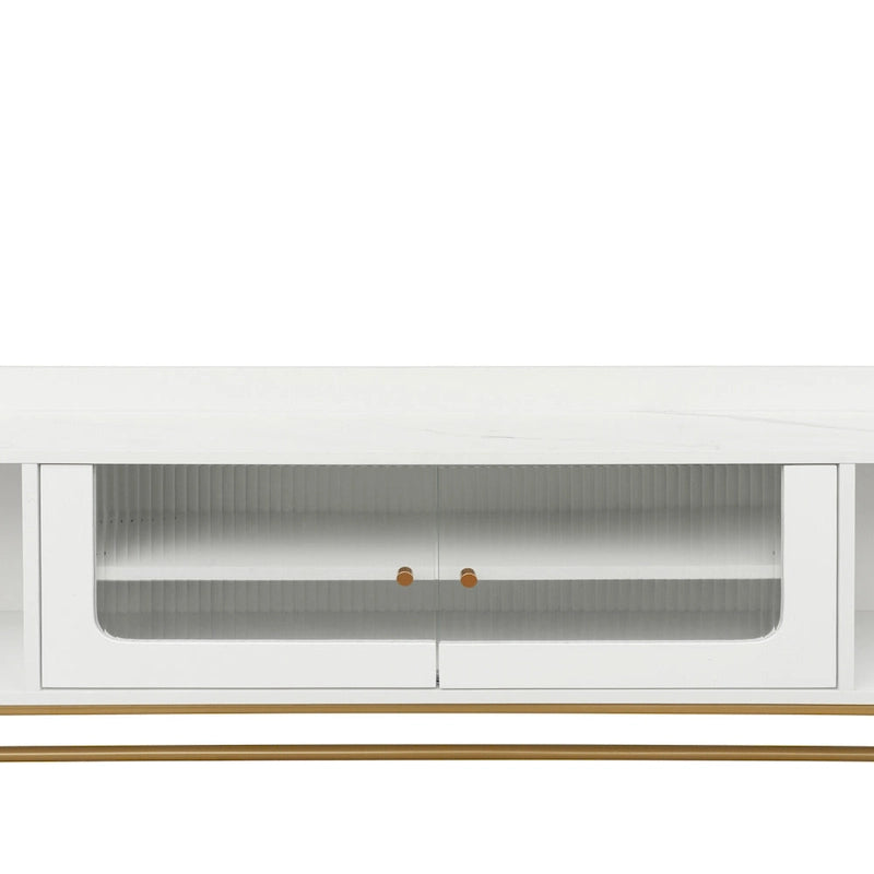 White Marble TV Stand with Gold Frame and Fluted Glass Doors - 63 Inch