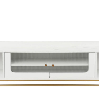 White Marble TV Stand with Gold Frame and Fluted Glass Doors - 63 Inch