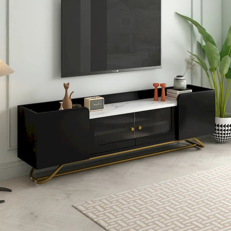 White Marble TV Stand with Gold Frame and Fluted Glass Doors - 63 Inch