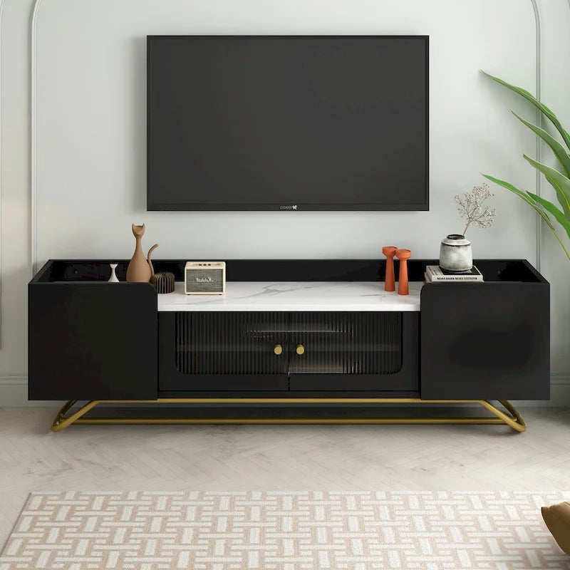 White Marble TV Stand with Gold Frame and Fluted Glass Doors - 63 Inch
