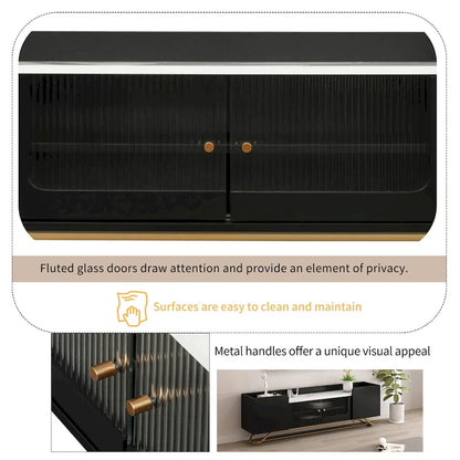 White Marble TV Stand with Gold Frame and Fluted Glass Doors - 63 Inch