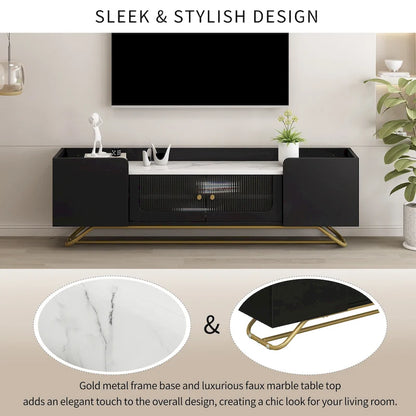 White Marble TV Stand with Gold Frame and Fluted Glass Doors - 63 Inch