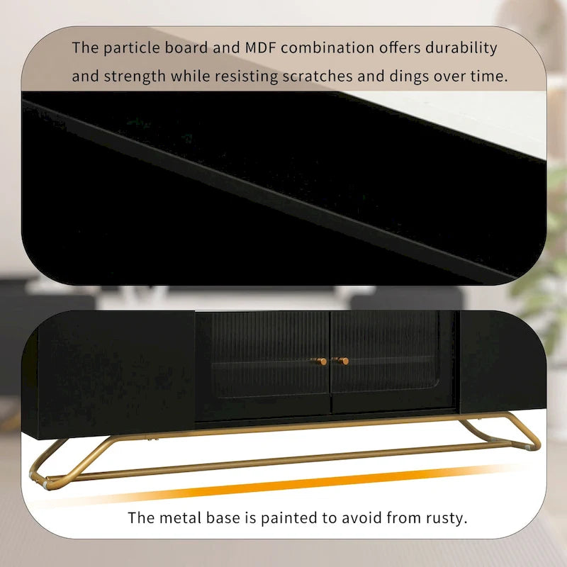 White Marble TV Stand with Gold Frame and Fluted Glass Doors - 63 Inch