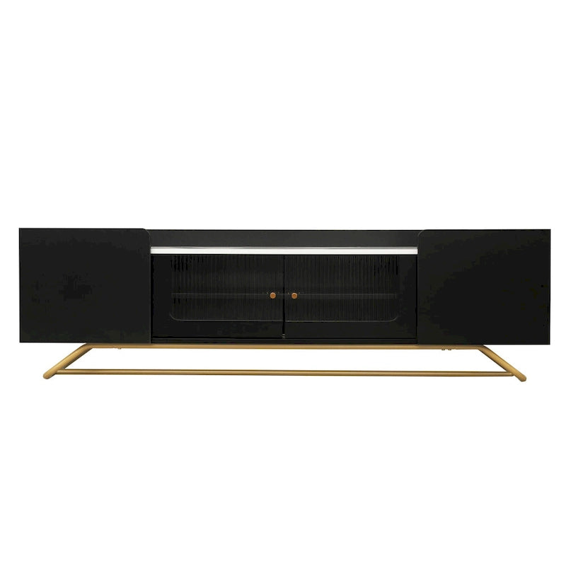 White Marble TV Stand with Gold Frame and Fluted Glass Doors - 63 Inch