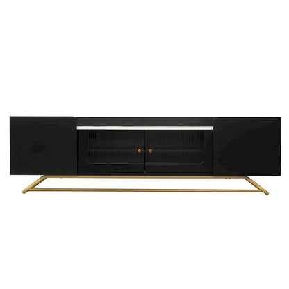 White Marble TV Stand with Gold Frame and Fluted Glass Doors - 63 Inch