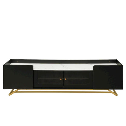 White Marble TV Stand with Gold Frame and Fluted Glass Doors - 63 Inch