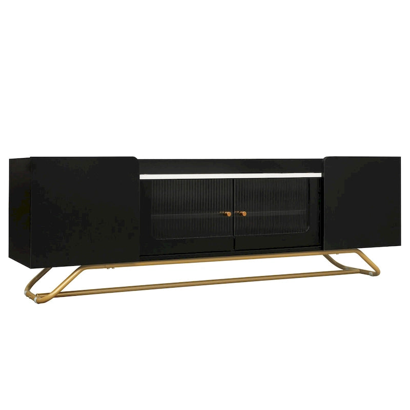 White Marble TV Stand with Gold Frame and Fluted Glass Doors - 63 Inch