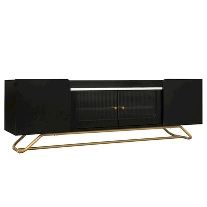 White Marble TV Stand with Gold Frame and Fluted Glass Doors - 63 Inch