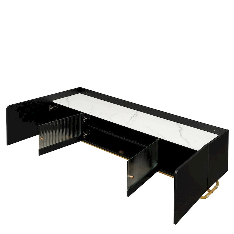 White Marble TV Stand with Gold Frame and Fluted Glass Doors - 63 Inch