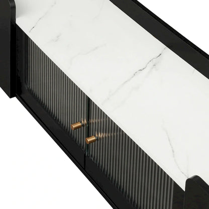 White Marble TV Stand with Gold Frame and Fluted Glass Doors - 63 Inch