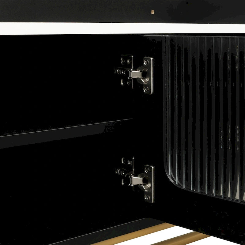 White Marble TV Stand with Gold Frame and Fluted Glass Doors - 63 Inch