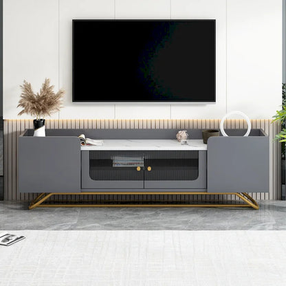 White Marble TV Stand with Gold Frame and Fluted Glass Doors - 63 Inch