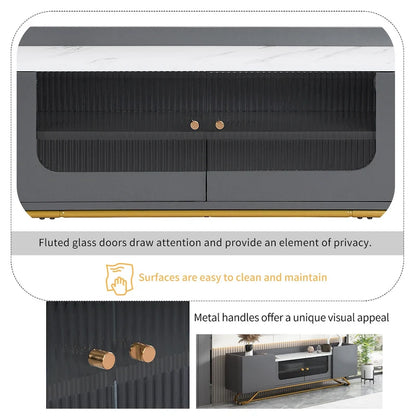 White Marble TV Stand with Gold Frame and Fluted Glass Doors - 63 Inch