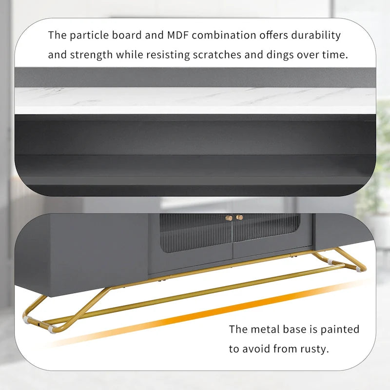 White Marble TV Stand with Gold Frame and Fluted Glass Doors - 63 Inch