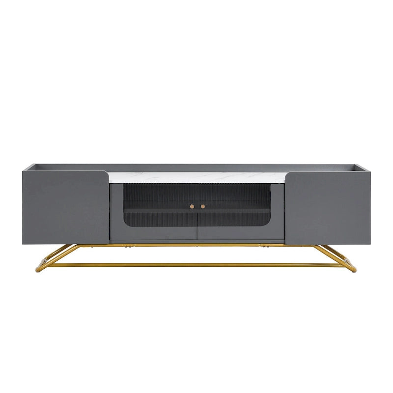 White Marble TV Stand with Gold Frame and Fluted Glass Doors - 63 Inch