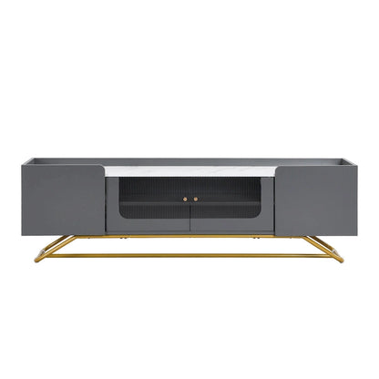 White Marble TV Stand with Gold Frame and Fluted Glass Doors - 63 Inch