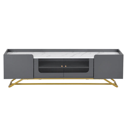 White Marble TV Stand with Gold Frame and Fluted Glass Doors - 63 Inch