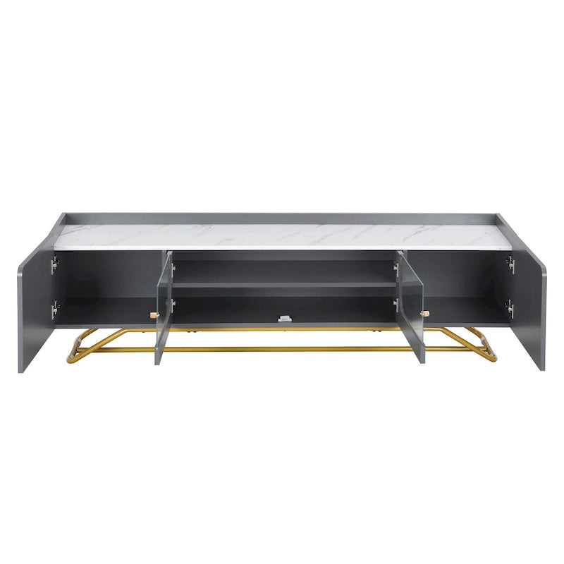 White Marble TV Stand with Gold Frame and Fluted Glass Doors - 63 Inch